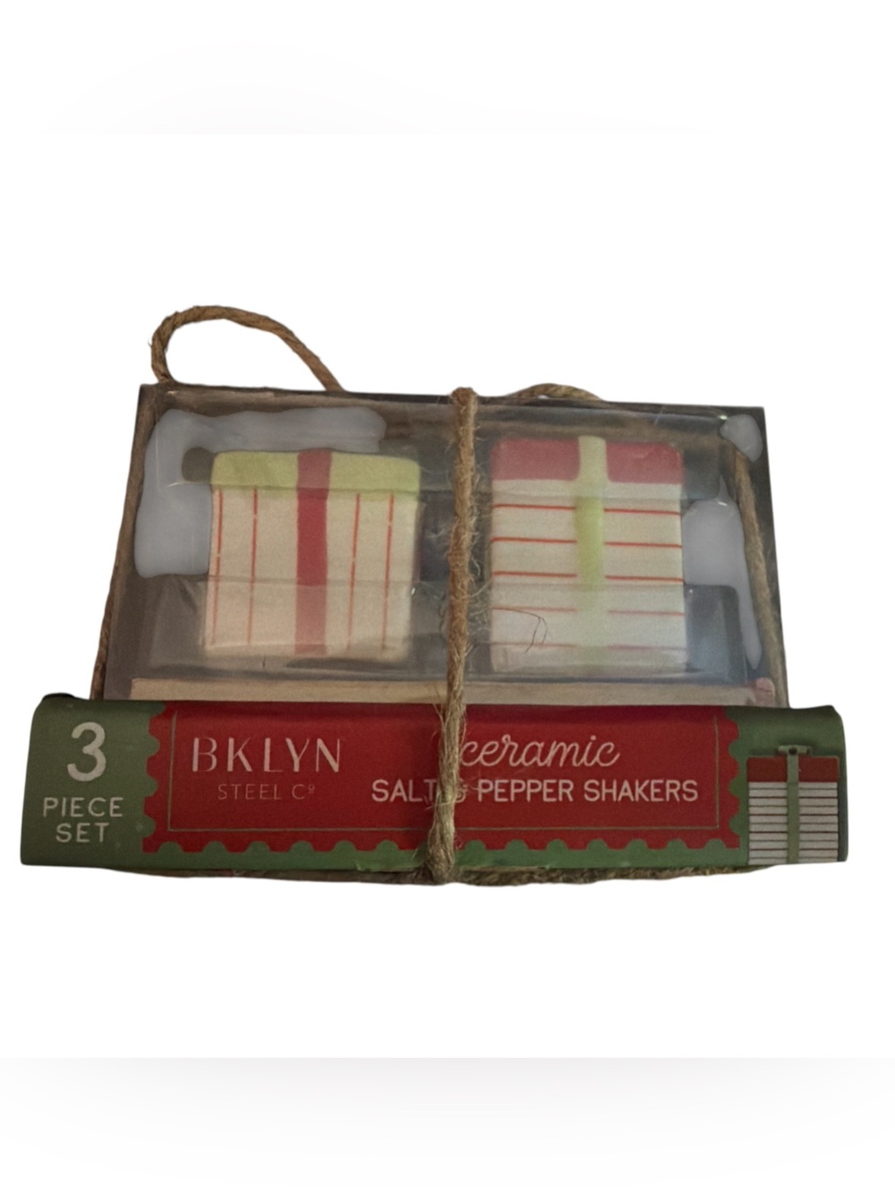 (NEW) Ceramic Salt & Pepper Shaker Set - Red and Green Striped 3 pcs.